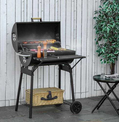 Outsunny Charcoal Grill in Black with Adjustable Charcoal Rack, Storage Shelf, Wheel