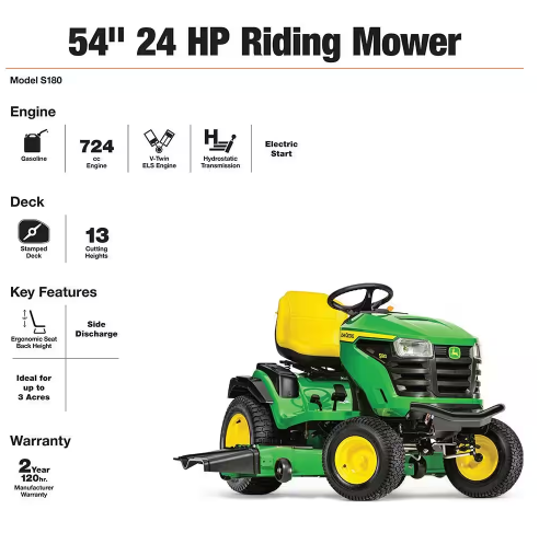 John Deere S180 54 in. 24 HP V-Twin ELS Gas Hydrostatic Riding Lawn Tractor