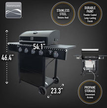 Kenmore 4 Burner Open Cart Propane GAS BBQ Grill with Side Burner, Black